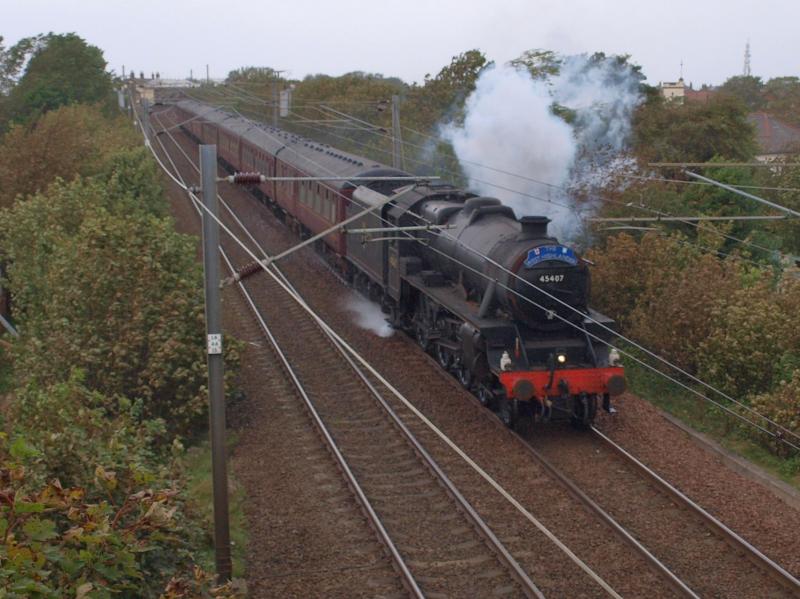 Troon - 13-09-2011: LMS class 5MT 'Black 5' 45407 heads through Troon with the Springburn to Crewe 'West Highlander'. If it wasn't for the overhead wires, this picture could have been taken 50 years ago. Photo of Troon - 13-09-2011