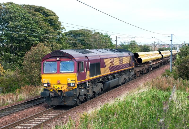66110 near Dunbar with the Georgemas Pipes: 66110 with the re-timed 6X88, Hartlepool - Georgemas coated pipes. 27 September 2011 Photo of 66110 near Dunbar with the Georgemas Pipes