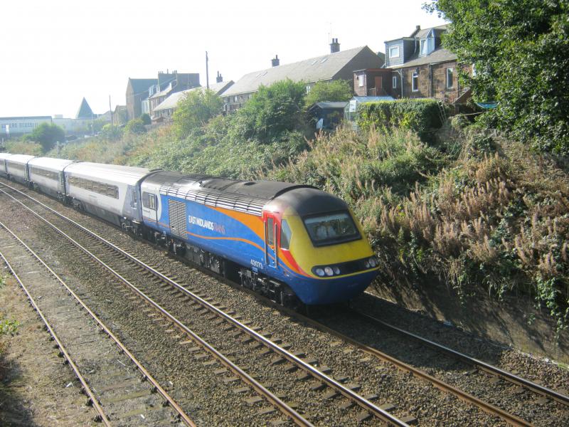 EMT loco at Arbroath: EMT Class 43 43073 heads the Leeds-Aberdeen train North of Arbroath station on 28/09/20011. Photo of EMT loco at Arbroath
