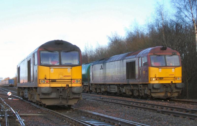 The last time we'll see 2 Class 60's side by side at Fouldubs?: The last time we'll see 2 Class 60's side by side at Fouldubs? 60009 & 089 at Fouldubs, 12.3.08. Photo of The last time we'll see 2 Class 60's side by side at Fouldubs?