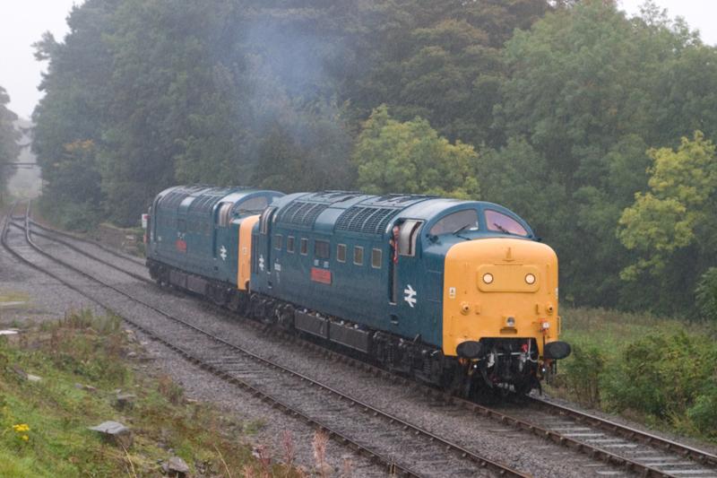 55002 + 55019 run round at Redmire: 55002 + 55019 run round the first train of the day (09:45 ex Leeming Bar) at a gloomy, wet Redmire during the Wensleydale Gala, Sun 25th September 2011 Photo of 55002 + 55019 run round at Redmire