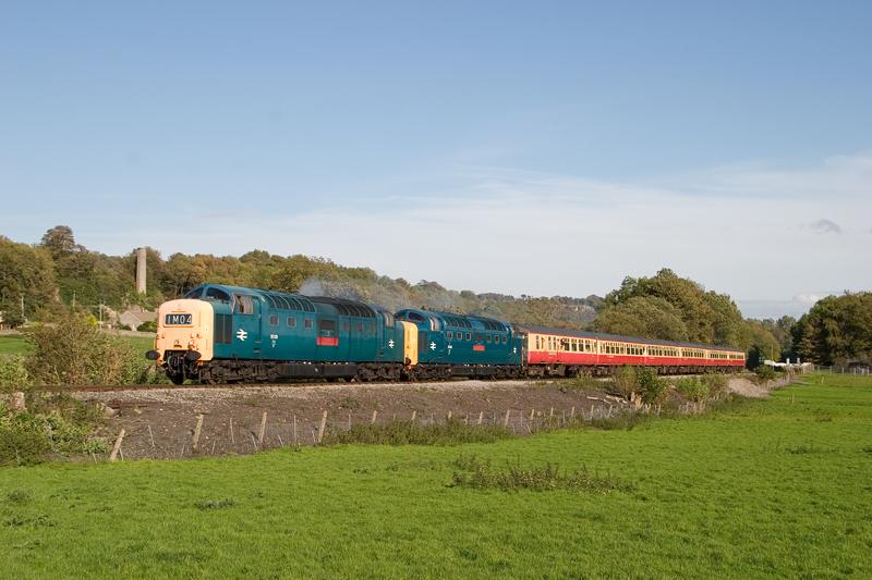 55019 + 55002 near Preston under Scar: 55019 + 55002 on 2D09 15:00 Leeming Bar to Redmire roll across the fields west of Wensley under a gorgeous blue sky. Sunday 25th September 2011 Photo of 55019 + 55002 near Preston under Scar