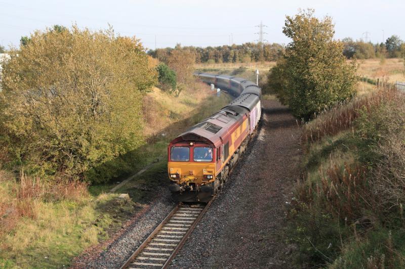 5Z66: 66110 with 2 Barriers & 8 XC Hst coaches on the late running 13.00 Craigentinny to Kilmarnock Barclay Sidings approaching Niddrie West Jct on 24/10/2011. Photo of 5Z66