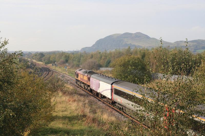 5Z66: 66110 with 2 Barriers & 8 XC Hst coaches on the late running 13.00 Craigentinny to Kilmarnock Barclay Sidings approaching Niddrie West Jct on 24/10/2011. Photo of 5Z66