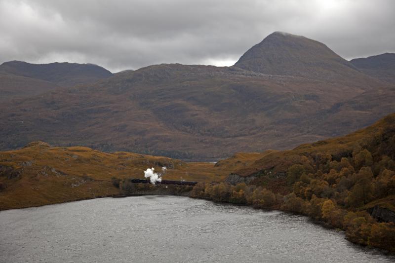 Last Jacobite of 2011: The last Jacobite of 2011 passes Loch Dubh on the way back to Fort William, 45407 leading 7 coaches, Friday 28 October. Photo of Last Jacobite of 2011