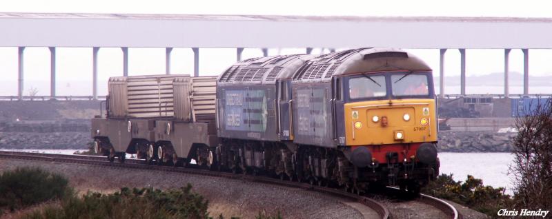 PICT0309.JPG: DRS 57007 and 008 moving up the Hunterston branch to the yard after unloading and reloading flasks. Photo of PICT0309.JPG