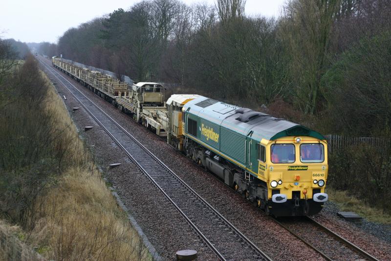 66610: 66610 and 66506 on rear Bridge of Orchy to Millerhill CWR empties east of Lenzie on Sunday February 12 2006 Photo of 66610