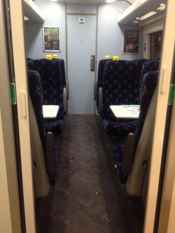 New partition on 170 456, 79 cab end : This new section still retains standard class seats and standard class layouts as does the section at the 50 end. Photo of New partition on 170 456, 79 cab end