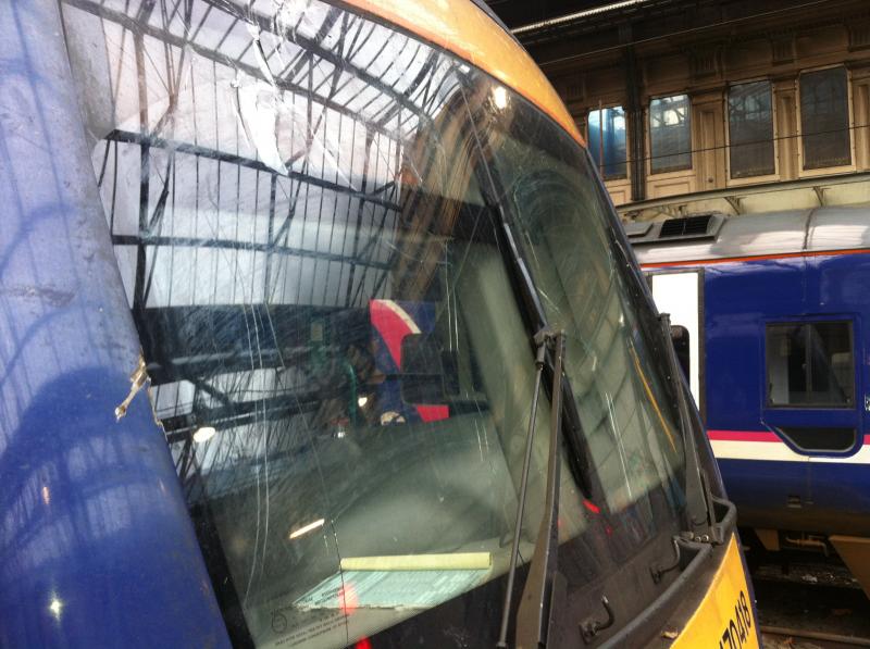 170418: Windscreen done in by a tree when this was coming from Dunblane. currently sitting in Waverley platform 16. Photo of 170418