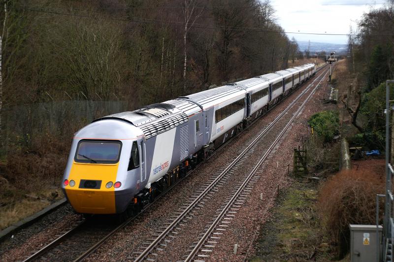 43238: Passing Plean on the rear of 3F00 in new NXEC livery Photo of 43238