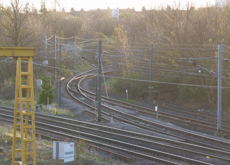 Portobello junction: Portobello junction showing the points where the Newcraighall/Millerhill line and the Edinburgh Suburban line merge. Photo of Portobello junction