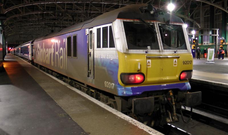 Stobart Sleeper:
Stobart Rail 92017 'Bart The Engine' stands in Glasgow Central on the 27th February 2012 having worked the 5M11 2112 Polmadie to Glasgow Central empty sleeper stock Photo of Stobart Sleeper