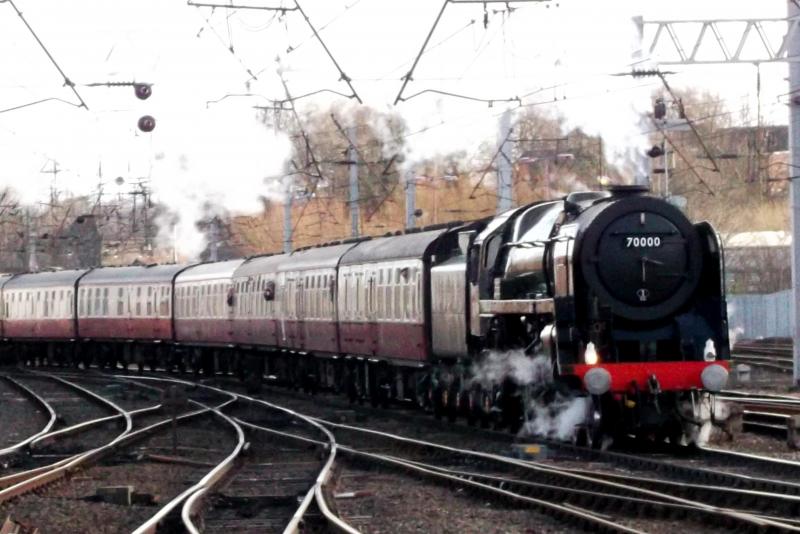 70000 at Carlisle: Saturday 3rd March seen 70000 Britannia working the steam charter from York to Carlisle via the Settle and Carlisle Line. Here Britannia is seen arriving at Carlisle. Photo of 70000 at Carlisle