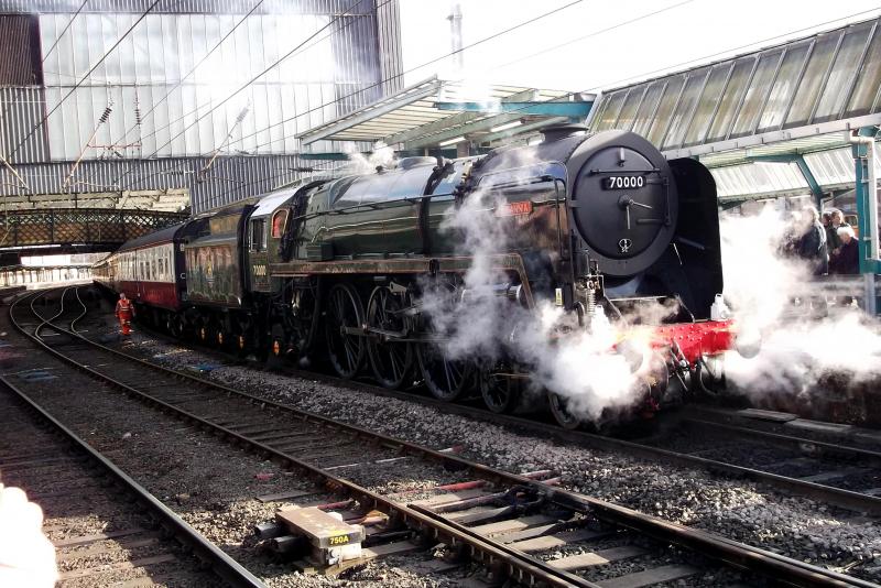 70000 at Carlisle: Saturday 3rd March seen 70000 Britannia working the steam charter from York to Carlisle via the Settle and Carlisle Line. Here Britannia is seen after arriving at Carlisle. Photo of 70000 at Carlisle