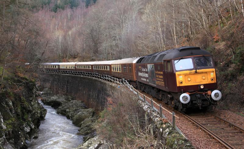 Winter West Highland Statesman: Statesman Rail tour returning from Fort William to Nottingham on 11/3/12 through the Monessie Gorge. Photo of Winter West Highland Statesman