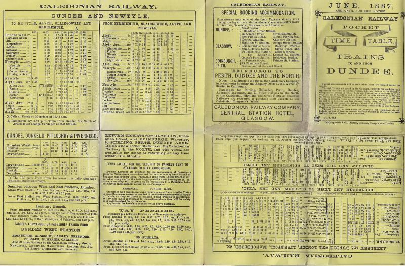 Caledonian Railway Timetable 1887 1.jpg: Pocket timetable dating back to the year of 1887 from the Caledonian Railway for trains to from Dundee. Photo of Caledonian Railway Timetable 1887 1.jpg