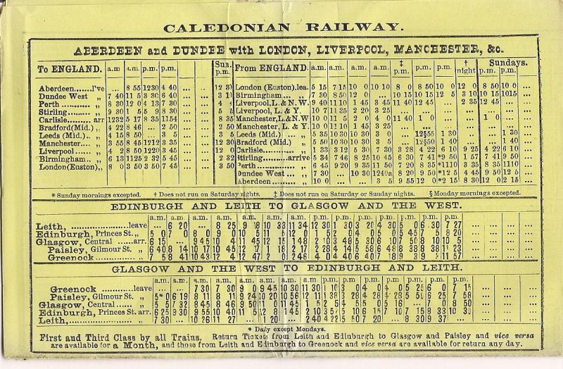 Caledonian Railway Timetable 1887 2.jpg: Pocket timetable dating back to the year of 1887 from the Caledonian Railway for trains to from Dundee Photo of Caledonian Railway Timetable 1887 2.jpg