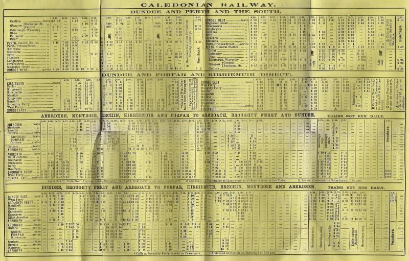 Caledonian Railway Timetable 1887 3.jpg: Pocket timetable dating back to the year of 1887 from the Caledonian Railway for trains to from Dundee Photo of Caledonian Railway Timetable 1887 3.jpg
