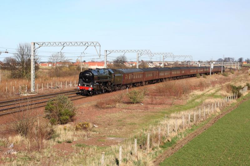 1Z20 Sun an nae Steam.: 70013 Oliver Cromwell with the heart of midlothian tour Huddersfield - Edinburgh with 47760 on the rear. There was plenty of sunshine but no steam when it passed.17/03/2012 @ 14:53 Photo of 1Z20 Sun an nae Steam.