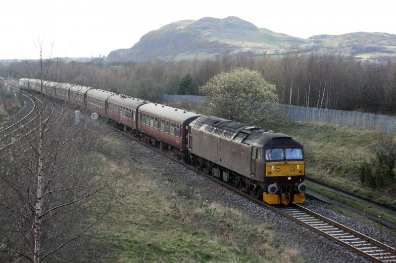 Class 47 on Heart of Midlothian ECS: Britannia 70013 having been detached beyond Niddrie West Junction, 47760 heads the ECS off to Craigentinny on 17 March 2012 Photo of Class 47 on Heart of Midlothian ECS