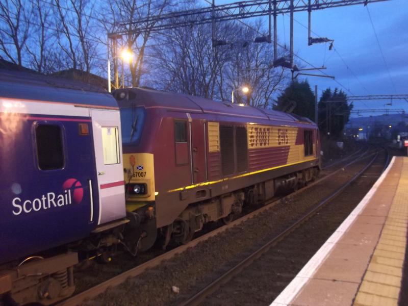 Bond Skip: 67007 pauses at Westerton with the 1Y11 0450 Edinburgh-Fort William sleeper. Bang on time. 21st March 2012 Photo of Bond Skip