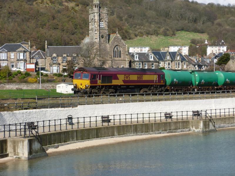 EWS 66110 - Burntisland - 21-03-2012: Linkswood to Grangemouth aviation fuel empties from RAF Leuchars. EWS 66110 at Burntisland beach on Wednesday 21st March at 13.13. Photo of EWS 66110 - Burntisland - 21-03-2012