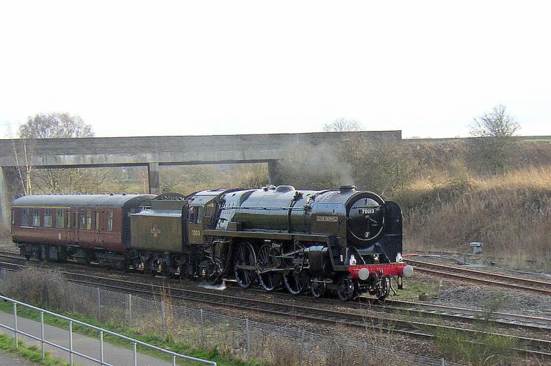 Oliver Cromwell at Dalmeny Junction: Oliver Cromwell + support coach approaching Dalmeny on Saturday 17 March en route to Thornton Photo of Oliver Cromwell at Dalmeny Junction