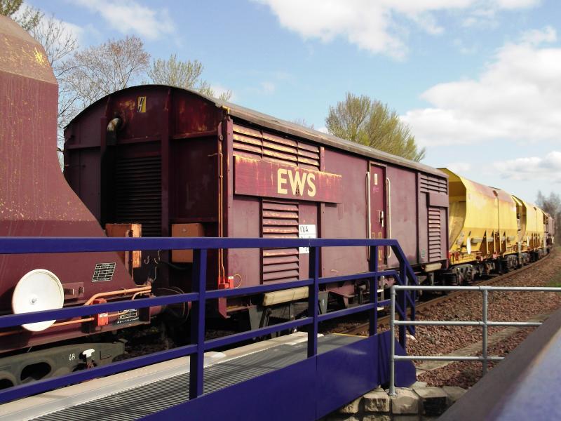 Generator van on Skako Octopus ballast train: Generator van as part of Skako Octopus ballast train. Taken at Camelon station on 1st April 2012. Working 6K05 Millerhill to Camelon. Photo of Generator van on Skako Octopus ballast train