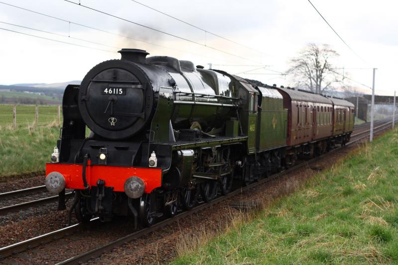 5Z26: 46115 Scots guardsman with support coaches,5z26 Carnforth - Joppa straight on approach to float bridge Saturday 21/04/2012 @ 17:32 Photo of 5Z26
