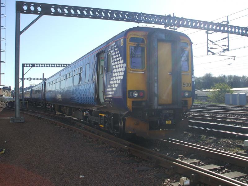 Resting at Haymarket: 156500 sits on refurbished bogies at Haymarket depot, 16th April 2012. The cab at the other end was completly missing the coupling, dont know why. Photo of Resting at Haymarket