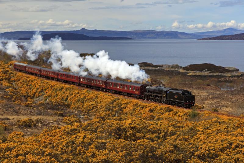 Great Britain V: LMS Black Five No. 45305 takes the return Great Britain V away from Kyle past the coast near Drumbuie on 23rd April 2012. Photo of Great Britain V