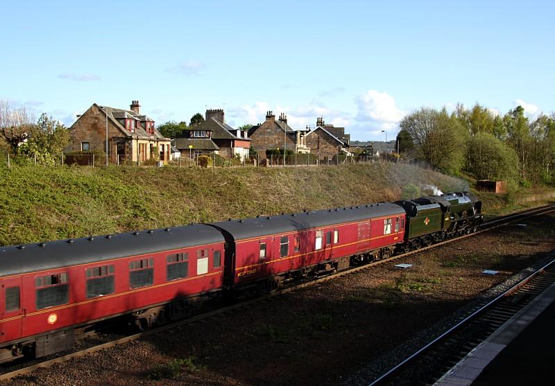 46115 Scots Guardsman passes Larbert: Working the afternoon train of SRPS' Forth Circle tour (1Z47), Royal Scot 46115 Scots Guardsman saunters through Larbert at 6pm in the evening sunlight on Saturday 28th April 2012. Photo of 46115 Scots Guardsman passes Larbert