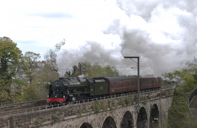 Scots Guardsman: 46115 belting across the viaduct at Slateford on its way south after GBV and SRPS duties. Photo of Scots Guardsman