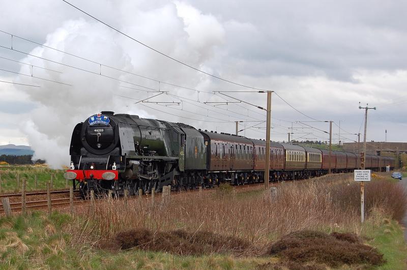 Duchess at Gailes: Duchess of Sutherland about to cross Gailes lc south of Irvine on the Glasgow to Preston leg of the GBV railtour Photo of Duchess at Gailes