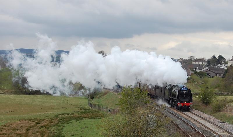 How to improve New Cumnock: 6233 Duchess of Sutherland covers New Cumnock in smoke on the GBV railtour 26th April 2012 Photo of How to improve New Cumnock