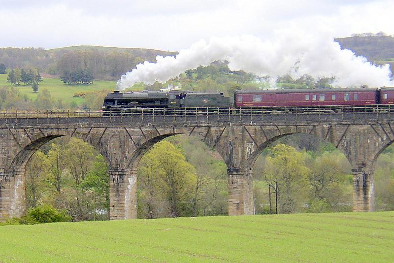 Heading for Home: After its tour of duty in Scotland 46115 heads across the Linlithgow Bridge Viaduct on its way to Carnforth, 29 April 2012 Photo of Heading for Home