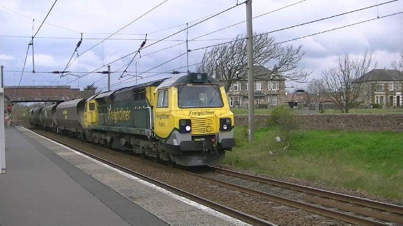 70011 at Ardrossan SB 25-04-12: Freightliner Powerhaul 70011 powers through Ardrossan SB station with 6Z81 Hunterston to Killoch morning blending coal run at 13.43!! Photo of 70011 at Ardrossan SB 25-04-12