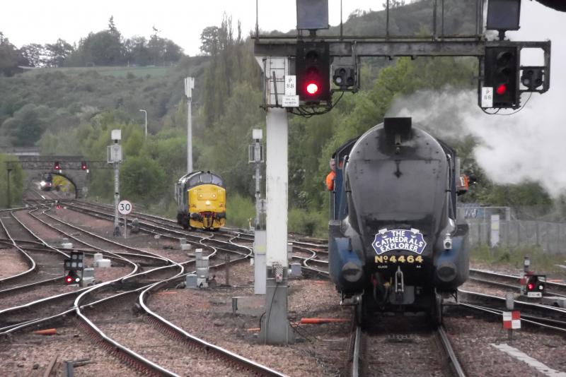 Waiting in line...: Seen queuing to get the road into Perth station on Saturday 19th May 2012, we have 4424 Bittern, DRS 37194 and 60163 Tornado. Photo of Waiting in line...