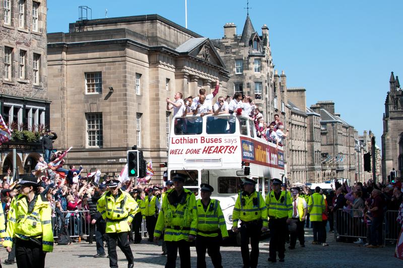 Bus: Hearts parade the Scottish Cup through the streets of Edinburgh. Photo of Bus