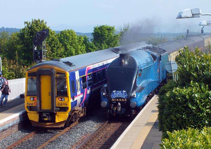 Bittern hauling 'The Cathedrals Explorer' : Just coming off the Forth Bridge, - you wait half an hour for a train and then you get two at the same time. Glad I was on the right side of the line! Photo of Bittern hauling 'The Cathedrals Explorer'