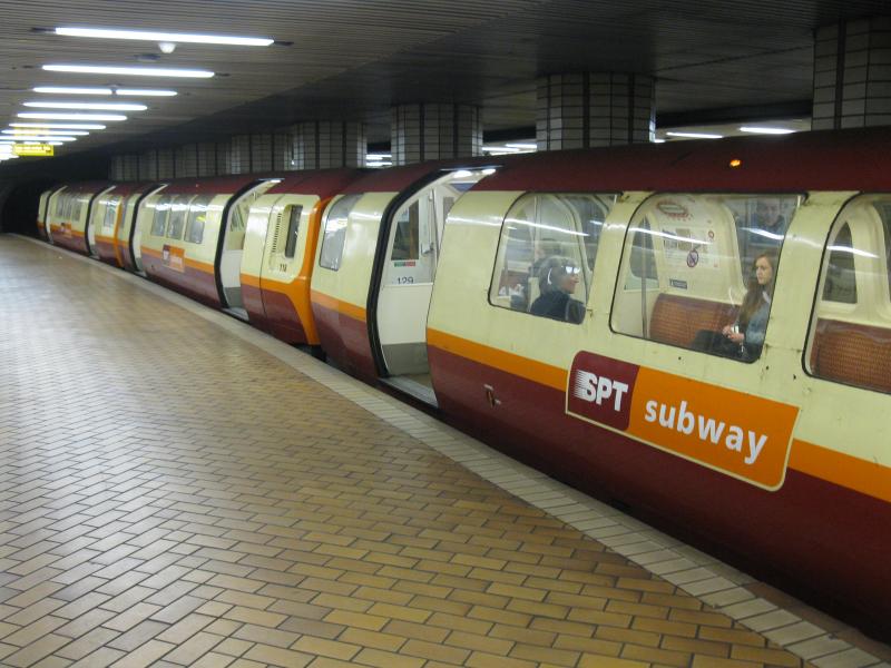 SPT Subway train at the outer rail platform at Partick in the latest SPT livery.: SPT subway train at Partick station on Saturday 19 May. Photo of SPT Subway train at the outer rail platform at Partick in the latest SPT livery.