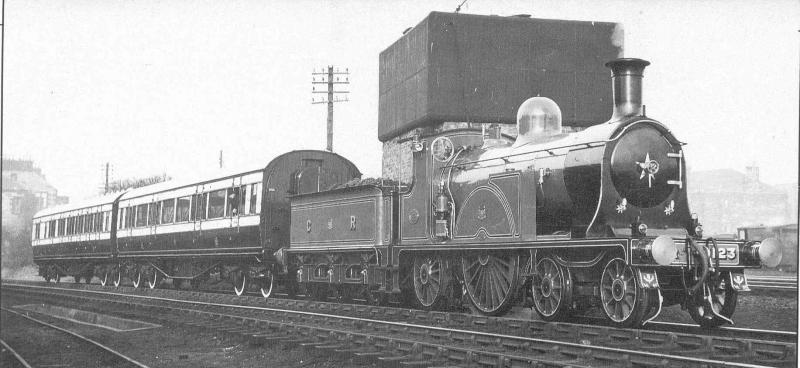 On show: Caley 123 and the two coaches on show after their restoration and recommissioning in March 1958. Photo of On show