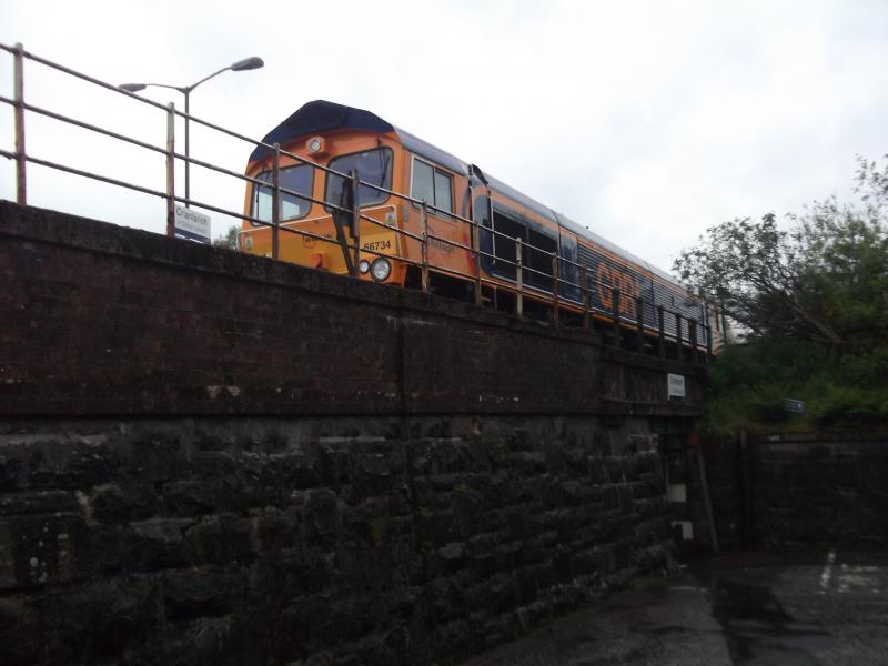 66734 pre-accident: Only two days before it got derailed at Tulloch, 66734 pauses at Crianlarich on the same train - 6S45, the North Blyth-Fort William alumina tanks. 26 June 2012 Photo of 66734 pre-accident