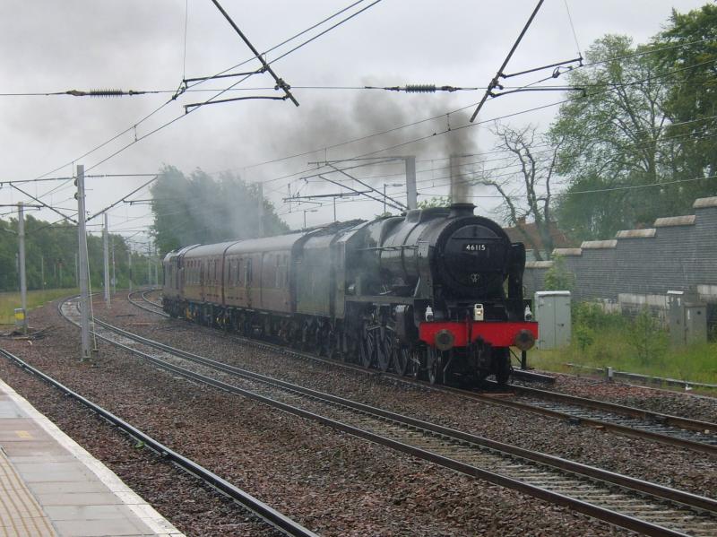 5Z20 Carnforth to Thornton 29th June 2012: 46115 Scots Guardsman eventually leaves a very wet Carstairs on time, with 37676 bringing up the rear. Photo of 5Z20 Carnforth to Thornton 29th June 2012