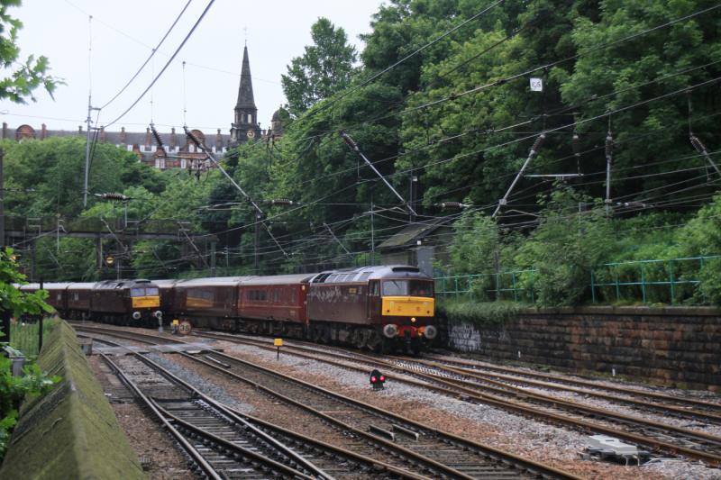Royal Scotsman GB Day 3: 47804 on 1Z24 07.39 Dundee to Chester passing 47854 (which will take the train over the WCML) in Princes St Gardens heading for Waverley on 08/07/2012 Photo of Royal Scotsman GB Day 3
