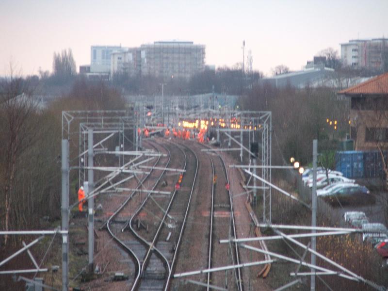West End Work at Shields Fri 4th Jan: Terminus branch to the left.Points set for Burma Road.
Loads of High Viz Vested Guys working at main junction work next to Shields depot Photo of West End Work at Shields Fri 4th Jan