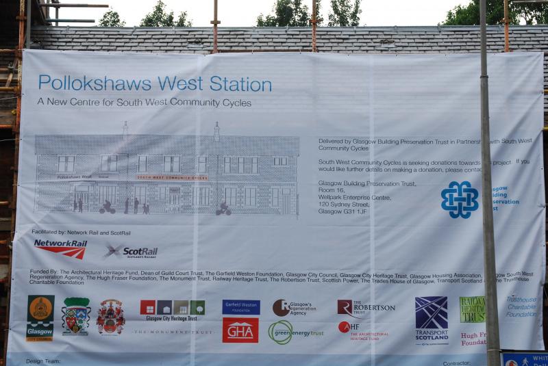 Sign Outside Pollokshaws West Station: Sign shows a host of Patrons for this work Photo of Sign Outside Pollokshaws West Station