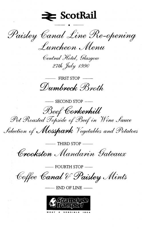 Paisley Canal Re-opening 27th July 1990: After the re-opening of each station on the Canal line, lunch was served in the Central Hotel, each course was named after a station. Photo of Paisley Canal Re-opening 27th July 1990