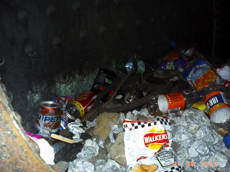 inside a train!: Summerlee dont check their trains very often. Piles of rubbish inside the Boiler of N.C.B No.9. Photo of inside a train!
