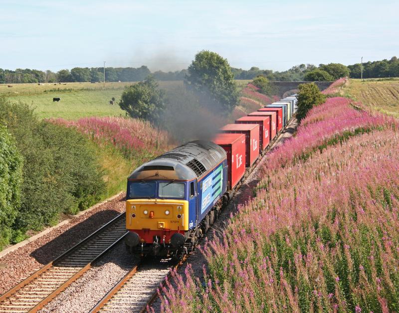 57011 4A13 190810 Craigo:
57011 chucks out the black clag as she thrashes through Craigo on the first day of operation using DRS 57's on the Aberdeen intermodal 19th August 2010 Photo of 57011 4A13 190810 Craigo